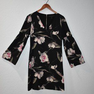 White House Black Market Bell Sleeves Shift mini Dress Black Pink Floral Sz 2